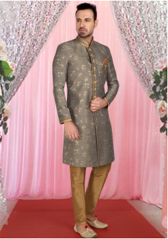 Gray With Gold Color Art Silk Fabric Indo Western